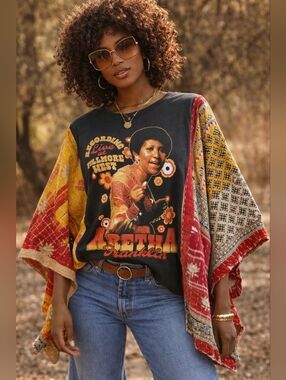 Upcycled Aretha Franklin Band Tee With Kantha Sleeves